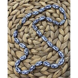 VTG Chinese Export Hand Knotted Painted Blue White Porcelain Bead Bird Necklace
